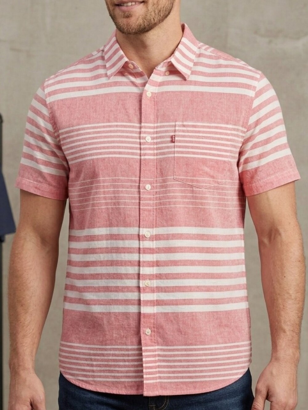 Levis Men's Short-Sleeve Stripe Button-Up Shirt - White, Red XL